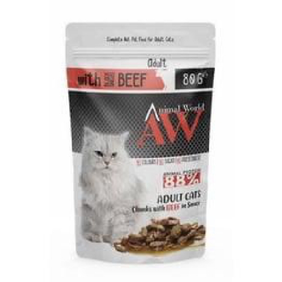 صورة Animal World Chunks with Beef in Jelly for Adult Sterilised Cats 77% ANIMAL PROTEIN 80 GR