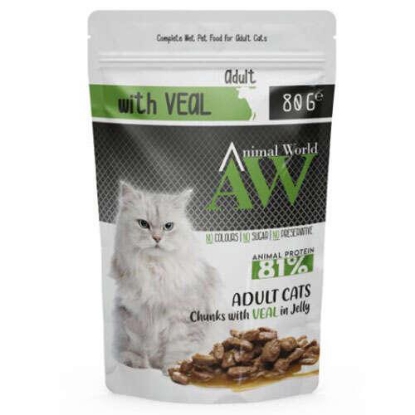 Picture of Animal World Chunks with Veal in Jelly for Adult Cats 81% ANIMAL PROTEIN 80 GR